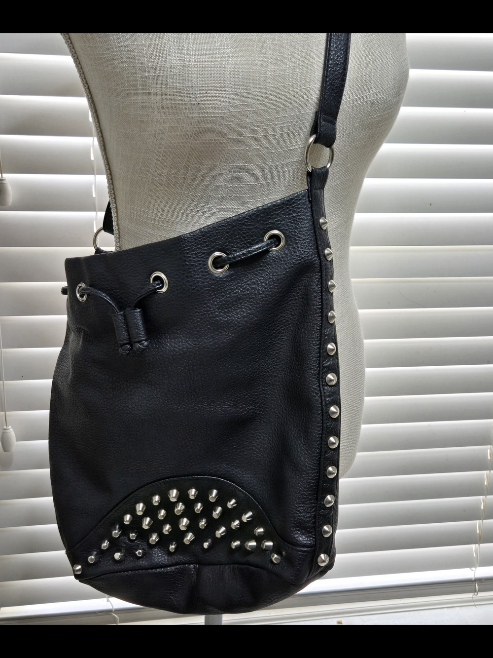 Black Studded Leather Bucket Bag W/ Studs, Adjustable Strap & Drawstring Closure
